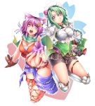  2girls :d animal_ears armor ayase_tamaki bashira_(sennen_sensou_aigis) black_gloves boots breasts brown_gloves cat_ears cleavage clenched_hand company_connection dmm expressionless fingerless_gloves flower_knight_girl full_body gloves green_hair green_shirt hair_ornament hairclip hat highres knee_boots looking_at_viewer metal_boots multiple_girls open_mouth outstretched_hand panties purple_hair saboten_(flower_knight_girl) sennen_sensou_aigis shirt short_hair shorts side-tie_panties smile thigh-highs underwear violet_eyes white_hat 
