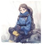  1girl backpack bag black_boots black_gloves boots brown_hair buckle gloves looking_at_viewer msc_nm original rock short_hair sitting smile uniform winter_clothes 