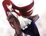  1girl belt black_legwear black_shorts blue_eyes brown_hair brown_jacket jacket long_hair makise_kurisu necktie open_clothes open_jacket pantyhose red_necktie shijima_(sjmr02) shirt short_shorts shorts solo steins;gate white_shirt 