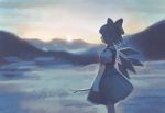  1girl blue_hair blurry bow cirno dark depth_of_field dress field hair_bow hill holding ice ice_wings looking_afar muted_color okakan short_hair sketch sky solo stick sunlight sunrise touhou wind wings 