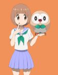  :q bird blue_skirt bob_cut breasts brown_eyes brown_hair kill_la_kill mankanshoku_mako o-nashi_neko open_mouth owl pleated_skirt pokemon pokemon_(creature) pokemon_(game) pokemon_sm rowlet school_uniform serafuku short_hair simple_background skirt smile tongue tongue_out 