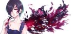  1girl black_hair breasts cleavage collarbone cross hair_over_one_eye highres holding kirishima_touka red_eyes short_hair solo tokyo_ghoul white_background 