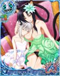  2girls animal_ears black_hair black_panties blue_bow bow breasts card_(medium) cat_ears cat_hair_ornament cat_tail character_name chess_piece cleavage covered_nipples dress flower gloves green_dress hair_flower hair_ornament hair_rings high_school_dxd high_school_dxd_new kuroka_(high_school_dxd) large_breasts lipstick makeup multiple_girls multiple_tails official_art panties parted_lips purple_lipstick rook_(chess) short_hair silver_hair sleeping sleeping_on_person sleeping_upright smile tail toujou_koneko trading_card underwear white_dress white_gloves yellow_eyes 