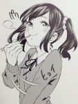  1girl :&gt; :t cardigan chopsticks eating looking_at_viewer monochrome nakajima_ryou school_uniform short_hair side_ponytail smile smug solo 