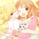  2girls :d blonde_hair brown_hair dated dress futaba_anzu hair_ornament hug idolmaster idolmaster_cinderella_girls kinokosuke long_hair low_ponytail lowres moroboshi_kirari multiple_girls one_eye_closed open_mouth smile star_hair_ornament twitter_username 