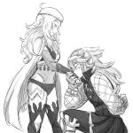  2girls ahoge arm_behind_back armor artist_name cape center_opening circlet closed_eyes commentary dl fire_emblem fire_emblem_if gloves hair_ornament hairband hand_kiss holding_hand kiss long_hair looking_down monochrome multiple_girls one_knee ophelia_(fire_emblem_if) profile sketch soleil_(fire_emblem_if) standing thigh-highs thighs yuri 