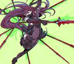  1girl arm_up bodysuit breasts covered_navel covering_mouth fate/grand_order fate_(series) foreshortening gae_bolg green_background head_tilt holding holding_weapon long_hair looking_at_viewer outstretched_arm parted_lips purple_hair red_eyes shoulder_pads simple_background skin_tight solo utu_(ldnsft) very_long_hair 