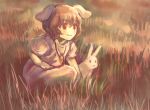  1girl animal_ears arm_support brown_hair carrot_necklace dress field grass inaba_tewi jewelry muted_color necklace okakan rabbit rabbit_ears red_eyes sketch smile solo squatting touhou 