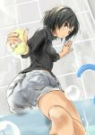  1girl amagami ass barefoot bathroom black_hair brown_eyes bubble cleaning from_behind holding jewelry kneeling looking_at_viewer looking_back murasaki_iro nanasaki_ai ring short_hair shorts soap_bubbles solo sponge 