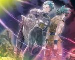  3boys armor blue_hair cape clenched_hands clenched_teeth crossed_arms dougi dragon_ball dragon_ball_super dutch_angle gloves green_skin kakipiinu male_focus multiple_boys muscle piccolo pointy_ears shoulder_pads smile son_gokuu super_saiyan super_saiyan_god_super_saiyan teeth torn_clothes turban vegeta white_gloves wind wristband 