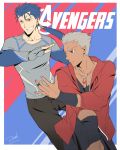  2boys abs archer avengers bianyuanqishi black_skin brown_eyes collarbone fate/stay_night fate_(series) grin highres jewelry lancer long_hair marvel multiple_boys necklace pants parody red_eyes shirt short_hair smile 