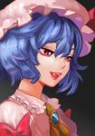  1girl absurdres blue_hair face fangs gradient gradient_background grey_background hat hat_ribbon highres lips looking_down mob_cap open_mouth portrait red_eyes remilia_scarlet ribbon short_hair slit_pupils smile solo touhou xiamu_weiba 