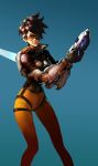  1girl absurdres ass_visible_through_thighs brown_hair coat fur_trim goggles gun highres lips overwatch short_hair skin_tight smirk solo tracer_(overwatch) weapon 