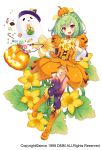  1girl :d boots braid candy candy_cane crown_braid flower flower_knight_girl food_themed_clothes food_themed_hair_ornament full_body ghost green_hair hair_ornament hat jack-o&#039;-lantern knee_boots lollipop looking_at_viewer open_mouth orange_boots orange_skirt panties pepo_(flower_knight_girl) pumpkin_hair_ornament purple_legwear red_eyes short_hair skirt smile solo squash standing sugimeno swirl_lollipop thigh-highs underwear white_background witch_hat yellow_panties 