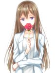  1girl blue_eyes brown_hair collarbone flower holding labcoat long_hair makise_kurisu mizuki_riko simple_background solo steins;gate white_background 