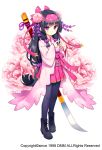  1girl black_hair black_legwear black_shoes bow flower flower_knight_girl full_body hair_bow hairband japanese_clothes long_hair looking_at_viewer low-tied_long_hair pantyhose pink_bow pink_skirt shakuyaku_(flower_knight_girl) shoes skirt solo standing sugimeno violet_eyes white_background 