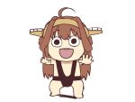  1girl ahoge black_eyes black_swimsuit brown_hair chibi commentary hair_between_eyes hairband headgear ishii_hisao kantai_collection kongou_(kantai_collection) long_hair no_nose open_mouth round_teeth shadow simple_background solo swimsuit teeth white_background 