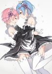  2girls black_dress blue_eyes blue_hair blush closed_eyes detached_sleeves dress frills hair_ornament hair_over_one_eye hand_on_another&#039;s_face hug maid maid_headdress multiple_girls open_mouth pink_hair popoccpo ram_(re:zero) re:zero_kara_hajimeru_isekai_seikatsu rem_(re:zero) ribbon short_hair siblings sisters smile tears thigh-highs twins white_legwear x_hair_ornament 