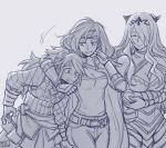  3girls armor artist_name belt breasts camilla_(fire_emblem_if) cape cleavage closed_eyes commentary crossed_arms dl fingerless_gloves fire_emblem fire_emblem:_akatsuki_no_megami fire_emblem_if gloves hair_ornament hair_over_breasts hair_over_one_eye hairband headpiece heather_(fire_emblem) leaning long_hair monochrome multiple_girls one_eye_closed pants sketch smile soleil_(fire_emblem_if) speed_lines standing strapless tiara tubetop wavy_hair 