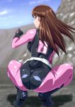  1girl anime_coloring ass blue_eyes bodysuit brown_hair female from_behind long_hair monteri ninja_captor profile solo squatting 