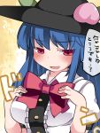  1girl blue_hair bow breasts commentary_request food fruit hammer_(sunset_beach) hat hinanawi_tenshi long_hair open_mouth peach pink_eyes smile solo touhou translation_request upper_body 
