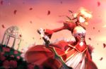  1girl blonde_hair breasts cleavage dress epaulettes fate/extra fate_(series) flower gazebo green_eyes highres holding holding_sword holding_weapon looking_at_viewer petals pink_sky red_dress rose saber_extra signature solo standing sword weapon yuitsuki1206 