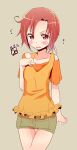  1girl blush brown_background dated de_(deys) hino_akane_(smile_precure!) looking_at_viewer precure red_eyes redhead short_hair shorts signature simple_background smile_precure! solo 