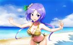  1girl beach bent_over bikini blue_sky breasts cleavage clouds collarbone flower hair_flower hair_ornament highres long_hair low_twintails navel ocean open_mouth outstretched_arms purple_hair side-tie_bikini sinzan sky smile solo swimsuit tiger_print touhou tsukumo_benben twintails very_long_hair violet_eyes yellow_bikini 