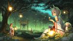  3girls animal_ears bare_shoulders black_hair blue_eyes brown_hair detached_sleeves forest fox_ears fox_tail grey_hair hakama hakama_skirt highres holding japanese_clothes lantern light_particles long_hair low_twintails marsh miko multiple_girls nature night original outdoors parted_lips pinakes plant ribbon-trimmed_legwear ribbon-trimmed_sleeves ribbon_trim rock sandals shrine sitting socks standing tail thigh-highs torii tree twintails water white_legwear wide_sleeves 