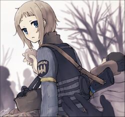  blonde_hair blue_eyes headwear_removed helmet helmet_removed military military_uniform msc_nm original potato ukraine ukrainian ukrainian_flag uniform weapon 