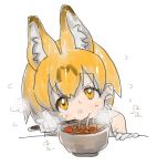  1girl :3 animal_ears bare_shoulders blush bowl chopsticks chopsticks_in_mouth clenched_hand commentary curry dot_nose eating elbow_gloves extra_ears eyebrows_visible_through_hair eyelashes flying_sweatdrops food food_in_mouth gen-san gloves holding holding_chopsticks kemono_friends looking_at_viewer noodles onomatopoeia orange_eyes orange_hair serval_(kemono_friends) serval_ears shirt short_hair simple_background sketch sleeveless sleeveless_shirt solo spicy sweat table tareme udon upper_body white_background white_shirt you&#039;re_doing_it_wrong 