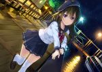  1girl beret blue_skirt boardwalk boat bow brown_hair building commentary_request dutch_angle hair_between_eyes hand_on_railing hat lamppost long_hair looking_at_viewer night original over-kneehighs red_bow school_uniform serafuku shoes skirt sky smile solo star_(sky) table thigh-highs tree unasaka_ryou violet_eyes water 