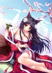  1girl absurdres ahri animal_ears bare_shoulders barefoot black_hair blush breasts brown_eyes cherry_blossoms cleavage collarbone detached_sleeves dutch_angle facial_mark floral_print flower fox_ears fox_tail hair_flower hair_ornament highres japanese_clothes league_of_legends long_hair multiple_tails parted_lips petals sitting smile solo sui_sui_baihu_jiu_wei_pang_pang tail very_long_hair wide_sleeves wind 