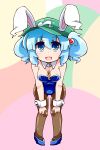  1girl :d animal_ears blue_eyes blue_hair blush breasts brown_legwear bunnysuit cabbie_hat hair_bobbles hair_ornament hat high_heels highres jinnouchi_akira kawashiro_nitori key key_necklace open_mouth pantyhose rabbit_ears short_hair smile solo tareme touhou two_side_up 