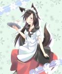  1girl alternate_costume animal_ears aranagi_(arng_4401) blush breasts brooch brown_hair cup dress embarrassed enmaided fang imaizumi_kagerou jewelry long_sleeves maid maid_headdress open_mouth red_eyes solo tail tea teacup touhou wide_sleeves wolf_ears wolf_tail 