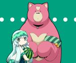  1girl aoki_hagane_no_arpeggio bear food fruit green_eyes green_hair i-402_(aoki_hagane_no_arpeggio) japanese_clothes kamo_3 kumamiko long_hair miko parody watermelon youtarou_(aoki_hagane_no_arpeggio) 