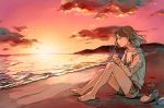  1girl barefoot beach breasts brown_eyes brown_hair cleavage clouds cup from_side holding hood hoodie long_sleeves mug original profile shoes_removed shorts signature sitting solo steam sunset tsubaki_(teatime0) water wind 