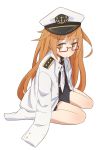  1girl blazer brown_eyes brown_hair coupon_(skyth) glasses hat jacket kantai_collection long_hair long_sleeves mochizuki_(kantai_collection) peaked_cap school_uniform serafuku skirt 