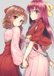  2girls body_mahattaya_ginga brown_eyes brown_hair drill_hair harukaze_(kantai_collection) holding_hand japanese_clothes kamikaze_(kantai_collection) kantai_collection kimono long_hair multiple_girls purple_hair smile 