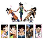  armor bardock black_boots black_eyes black_hair blue_boots boots chin_rest chinese_clothes closed_eyes collarbone dougi dragon_ball dragon_ball_z family glasses headband heart highres holding_hands kim_yura_(goddess_mechanic) long_hair lying muscle on_stomach raditz scar_on_cheek signature smile son_gohan son_gokuu son_goten spiky_hair spoken_heart sweatdrop the_pose v vest 