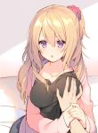  1girl blonde_hair blush breast_grab breasts character_request eyebrows grabbing guided_breast_grab hair_ribbon hand_grab large_breasts long_hair looking_at_viewer mayachi_(amuriya) on_bed open_mouth original pink_shirt ponytail pov ribbon shirt sitting tsurime violet_eyes 