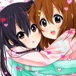  2girls :d :o alternate_costume baretto black_hair brown_eyes brown_hair commentary_request hair_ornament hairpin hirasawa_yui hug k-on! multiple_girls nakano_azusa open_mouth red_eyes smile twintails 