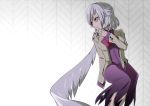  1girl anime_coloring bow braid breasts brown_jacket dress expressionless french_braid gradient gradient_background grey_wings hand_up hips kishin_sagume legs long_sleeves looking_to_the_side patterned_background purple_dress red_eyes short_hair silver_background silver_hair single_wing solo tenkomori_(bug_kura) touhou white_background wings 