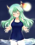  1girl ^_^ aqua_hair bare_shoulders blush breasts cleavage closed_eyes collarbone ex-keine full_moon green_hair hair_tubes horn_ribbon horns ifuji_sakura kamishirasawa_keine long_hair looking_at_viewer moon moonlight multicolored_hair one-piece_swimsuit partially_submerged red_ribbon ribbon school_swimsuit sleeveless smile solo swimsuit tail touhou two-tone_hair water 
