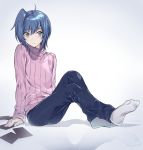  1boy ahoge androgynous blue_eyes blue_hair cardfight!!_vanguard feet highres looking_at_viewer maruchi pants ribbed_sweater sendou_aichi sitting smile socks solo sweater 
