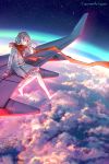  1girl airplane barefoot brown_hair coat commentary highres long_hair original scarf solo wenqing_yan 