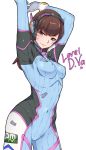  1girl bodysuit brown_eyes brown_hair covered_nipples d.va_(overwatch) english facial_mark gloves headphones heart highres long_hair looking_at_viewer overwatch simple_background smile solo stretch white_background yui.h 