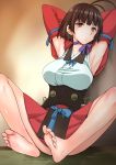  1girl ahoge armpits arms_up bangs barefoot blush breasts brown_eyes brown_hair highres japanese_clothes kokuryuugan koutetsujou_no_kabaneri long_sleeves looking_at_viewer mumei_(kabaneri) short_hair sitting solo 