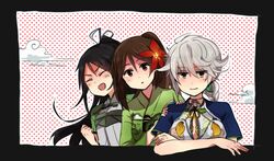  3girls amagi_(kantai_collection) annin_musou bangs black_hair braid brown_eyes brown_hair cleavage_cutout clenched_hand closed_eyes clouds crossed_arms flower hair_between_eyes hair_flower hair_ornament hair_ribbon hands_on_shoulders japanese_clothes kantai_collection katsuragi_(kantai_collection) kimono looking_at_viewer multiple_girls ponytail ribbon silver_hair smile unryuu_(kantai_collection) vest 