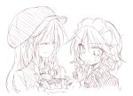  bangs braid chinese_clothes closed_eyes clothes_hanger commentary_request hand_on_own_chin hat hong_meiling izayoi_sakuya long_hair maid_headdress satou_kibi sketch smile sweatdrop touhou twin_braids 